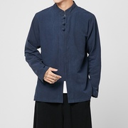 中国风男装秋盘扣长袖衬衫中式亚麻衬衣中华立领外套唐装居士服