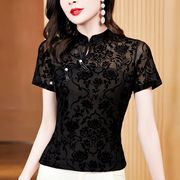新中式国风短袖t恤女夏季黑色盘扣民族，风修身微透蕾丝镂空上衣