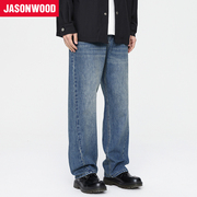 Jasonwood/坚持我的日系复古水洗牛仔裤男宽松直筒ins潮流长裤