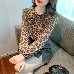 韩版气质优雅时髦高级设计感双层娃娃领豹纹衬衫女ins潮春装上衣