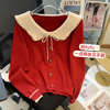 娃娃领红色毛衣秋冬2024小香风高级感超好看针织衫秋季女