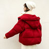 冬季款小个子连帽红色棉服，女韩版学生保暖短款外套，面包服棉袄棉衣
