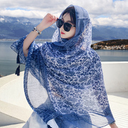 中国风民族风围巾旅游丝巾，夏季薄款超大防晒披肩女长款纱巾沙滩巾