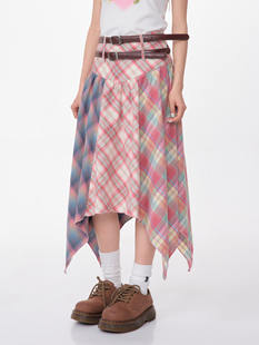 ziziFei春夏美式设计感撞色拼接格纹高腰显瘦中长款格子半身裙女