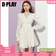 DPLAY春季女装白色气质泡泡袖法式鎏光纱连衣裙收腰裙子