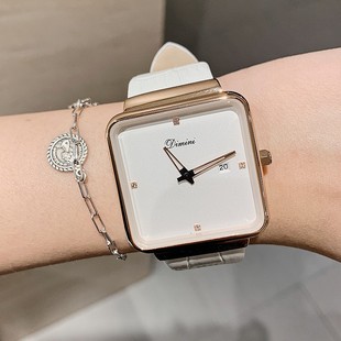 女表盘日历皮带表带潮流时尚士手表简约方形石英白色国产腕表