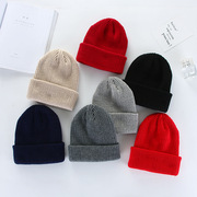 冬季保暖加厚百搭欧美圆顶针织帽，卷边时尚帽子，纯色套头成人毛线帽
