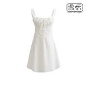 纯欲性感方领白色系带，裹胸吊带连衣裙，女夏季收腰显瘦短裙