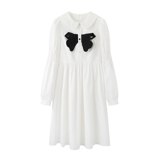 蝴蝶结设计感白色衬衫裙，女秋季甜美减龄娃娃领连衣裙