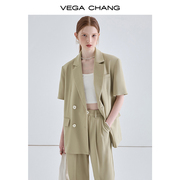 VEGA CHANG西服套装女2024夏短袖西服外套休闲长裤通勤两件套