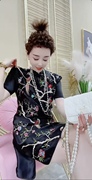 新中式改良旗袍立领泡泡袖真丝刺绣连衣裙女夏减龄中国风裙子
