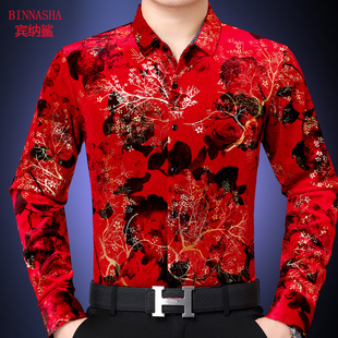 春秋季金丝绒中年长袖花衬衫，休闲时尚男士，爸爸装红色碎花潮流衬衣
