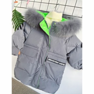 男童小童冬季韩版羽绒服灰色真毛领中长款外套里绿色洋气大衣