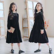 女童连衣裙春秋装2023韩版中大童洋气长袖黑色金丝绒中长裙子