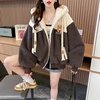 加绒加厚羊羔毛外套(毛外套)女秋冬季韩版宽松大码设计感小众撞色开衫卫衣