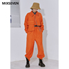 mixseven原创设计连体，裤男秋冬口袋橘色长袖，宽松直筒连身裤子