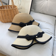 夏季韩版蝴蝶结草帽，小香风珍珠吊坠遮阳帽海边度假防晒沙滩帽子女