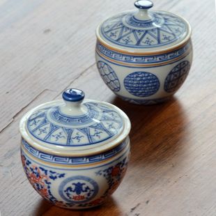 景德镇仿古陶瓷釉下彩青花瓷缸形小茶叶罐 陶瓷复古存茶罐