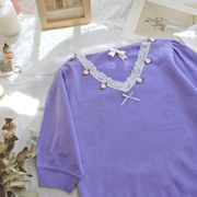 sailice紫色花朵泡泡袖套头，v领针织衫半袖，女薄款上衣春夏季2023