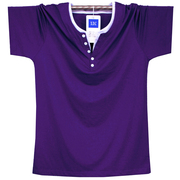 双层领v领短袖，t恤纯棉带扣紫色上衣服，夏装加大号男大码潮