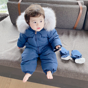 宝宝羽绒连体衣0-5岁婴儿冬套装外出爬服加厚白鸭绒超大狐狸毛领