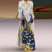 孔雀图案3D印花长袖长裙2024中国风连衣裙舞台拍照走秀表演服