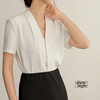 白色v领暗门襟雪纺衬衫，女短袖设计感上衣，夏装ol气质职业面试衬衣