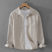 亚麻男士简约长袖衬衫，休闲商务白色棉麻，上衣开衫衬衣方领衬衣外套