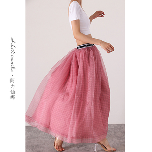 阿力仙娜浪漫樱花粉，真丝欧根纱松紧高腰，法式中长款粉色半身裙