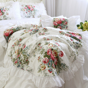韩版田园公主风花卉蕾丝荷叶边全棉纯棉床裙式床上用品被套四件套