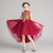 公主裙女童生日前短后长礼服，红色小花童主持人儿童钢琴演出服夏季
