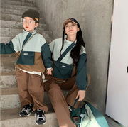 韩版儿童母子母女装外套秋季y7男女童撞色冲锋衣贴标户外服亲子装