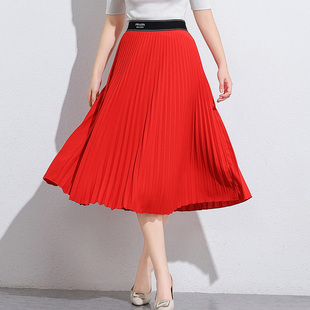 2024法式优雅气质通勤百褶裙，高腰显瘦大红色，中长款半身裙夏季