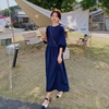 藏青色高级感气质连衣裙女夏2023韩版宽松显瘦遮肚子长款裙子