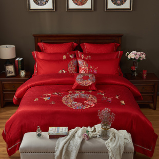 中式婚庆床上用品四六件套全棉贡缎大提花刺绣花大红结婚纯棉套件