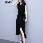 qiyun品牌女装黑色，雪纺连衣裙夏装气质名媛无袖，收腰显瘦流行