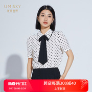 umisky优美世界女装2023夏季时尚减龄蝴蝶结波点短袖衬衫VI2G2029