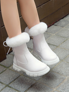 女童加绒雪地靴棉鞋，2024冬季靴子公主，白色皮靴小女孩保暖防水短靴