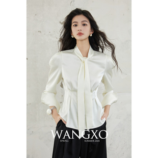 wangxo重磅奢贵高级双面，缎光泽华丽一体式飘带领收腰长袖衬衫女
