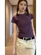 夏日多巴胺穿搭正肩紫色t恤女短袖夏季小衫设计感小众修身