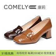 COMELY康莉2024春款方头粗跟漆牛皮女乐福鞋KYQ31190DS01DT01AA3