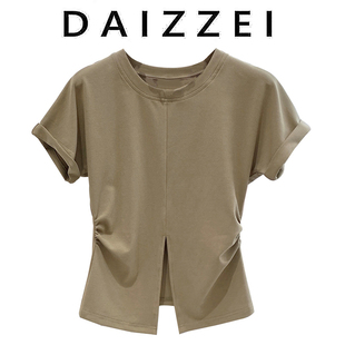 DAIZZEI~飞飞袖开叉短袖白色T恤女2022夏不规则褶皱高腰显瘦上衣
