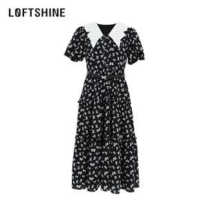loftshine珞炫法式连衣裙，女2024夏季黑色，碎花娃娃领高腰长裙