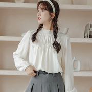 秋季韩版女装温柔风雪纺衫褶皱设计感拼接圆领灯笼长袖衬衫女