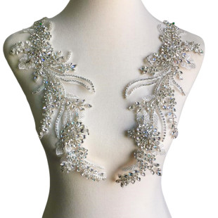时尚玻璃钻重工钉珠对称长花diy婚纱礼服西装，领部装饰手缝珠花