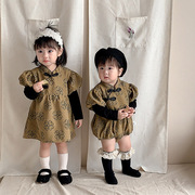 中式婴幼儿姐妹装连衣裙，长袖爬服假两件包屁衣洋气，宝宝公主外出服