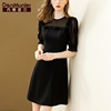 丹慕妮尔法式黑色，雪纺连衣裙女短袖夏季气质，收腰中长裙子