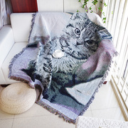 简约百搭黑白沙发巾可爱呆萌猫咪单人沙发套罩全盖沙发毯装饰挂毯