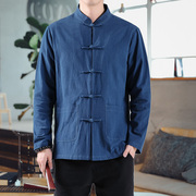 新中式亚麻衬衫男中国风男装汉，元素大码外套，棉麻盘扣诘襟道袍汉服