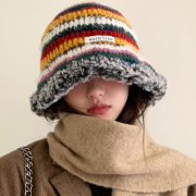 彩色条纹帽子女冬款保暖毛线帽护耳渔夫帽，2023韩版百搭针织帽